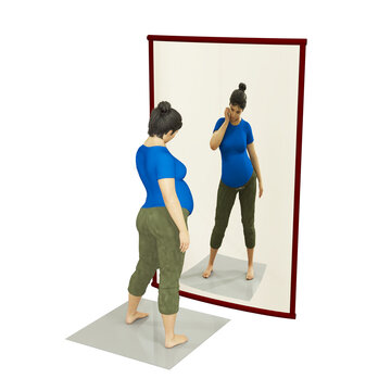 3D illustration of a casually dressed female standing in front of a curved mirror. The mirror is on the floor. The mirror shows a magnified image of the female. 