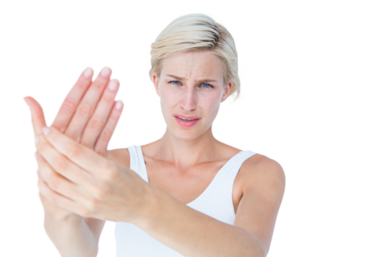 Pretty woman suffering from hand pain 