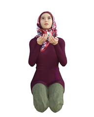 3D illustration of a young female sitting. She is wearing a head scarf, a long sleeve dark maroon shirt, and dark green trousers.  She looks up and her hands are held in a praying pose.