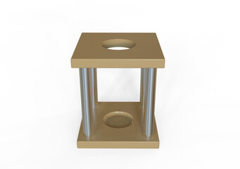 3D illustration of a test tube holder with one orifice. The top part is supported by four cylindrical metals.