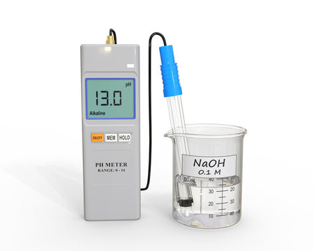 3D illustration of a beaker containing a colorless liquid and a pH meter. A probe is inserted inside the liquid in the beaker. 