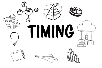 Timing text surrounded by various vector icons