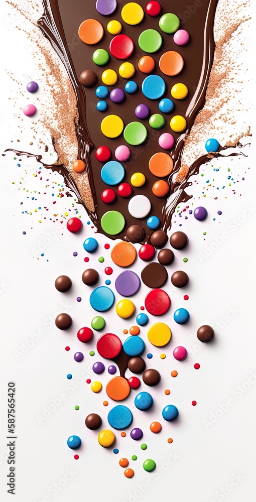 Poster artwork of multicolored chocolate chocolates on a white background generative ai