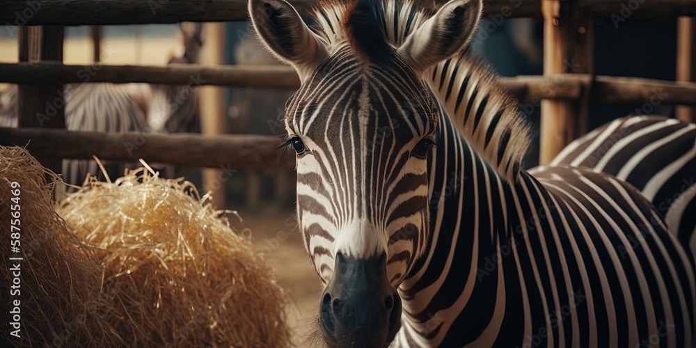 Poster a stunning close-up of a striped zebra munching on hay at a zoo generative ai