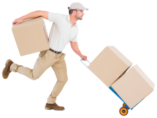 Delivery man with trolley of boxes running