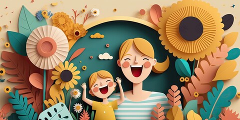 Mothers day, papercut mother and kid with flower background, International Mother's Day