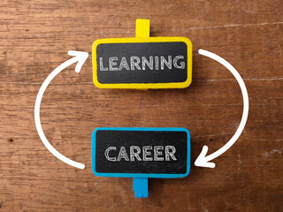 Wooden board with the word LEARNING CAREER with up side down arrow on wooden background.
