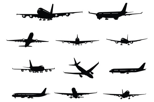 Set of airplanes silhouettes. Planes: in flight, takeoff, running, landing, front, up and profile, vector illustration of aircrafts