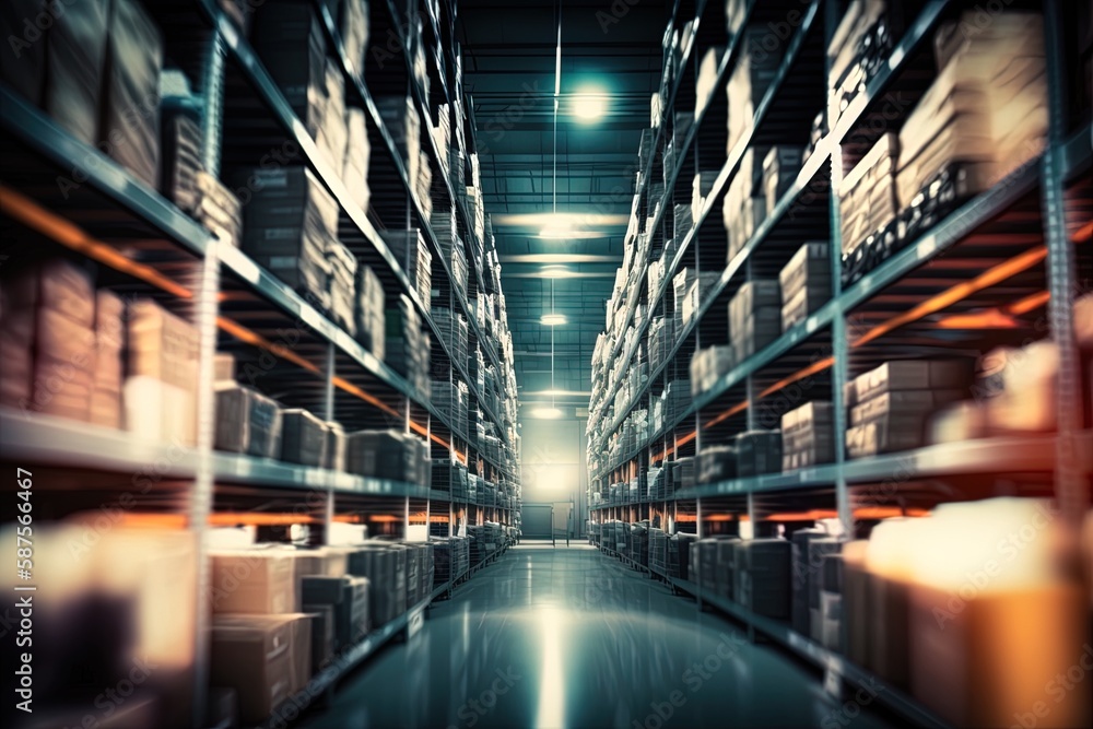 Poster distant view of stacked racks in a warehouse generative ai