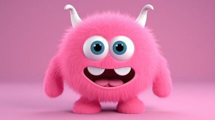 cartoon style, Pink and fluffy, with big, innocent-looking eyes and tiny little horns, little monster. Generative ai.