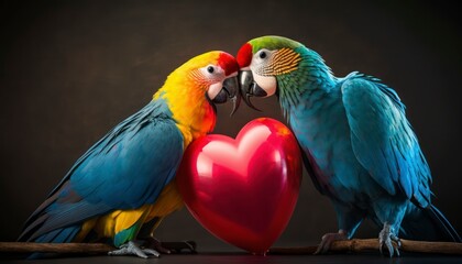 Adorable parrots kissing next to heart shaped balloon, colorful aesthetic valentines day concept lighting studio background, professional portrait photography, generative ai