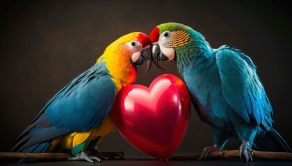 Obraz premium Adorable parrots kissing next to heart shaped balloon, colorful aesthetic valentines day concept lighting studio background, professional portrait photography, generative ai