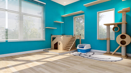 Cat's room interior in blue wall with cat house and cat condo, room designed for cat, 3d rendering 