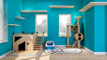 Cat's room interior in blue wall with cat house and cat condo, room designed for cat, 3d rendering  © G3D Studio