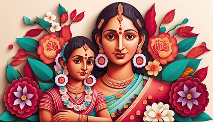 Mother's day, papercut indian mother with kid, a beautiful woman with baby celebrate Mothers Day