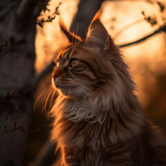 A detailed image of a majestic Maine Coon perched on a tree branch gazing into the distance during the golden hour of sunset