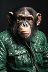 Illustration of a chimpanzee wearing a green leather jacket created with Generative AI technology