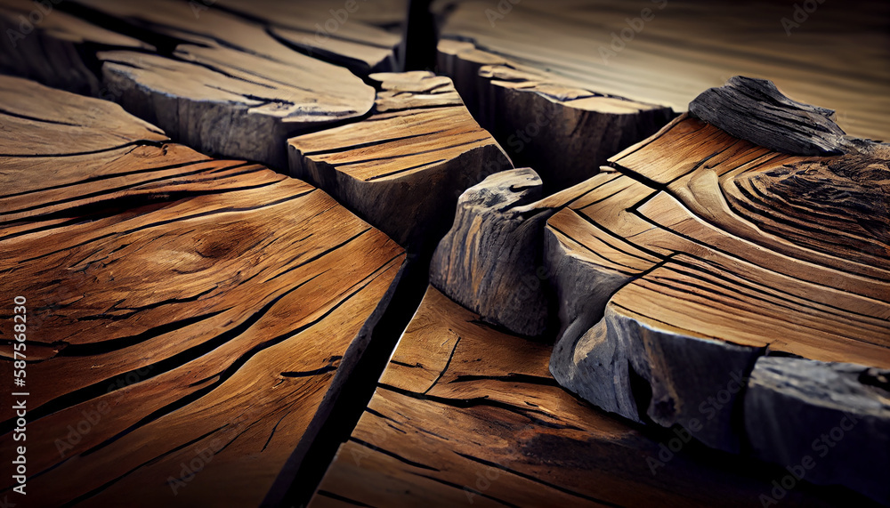 Poster old timber table fashioned from eroded materials generated by ai