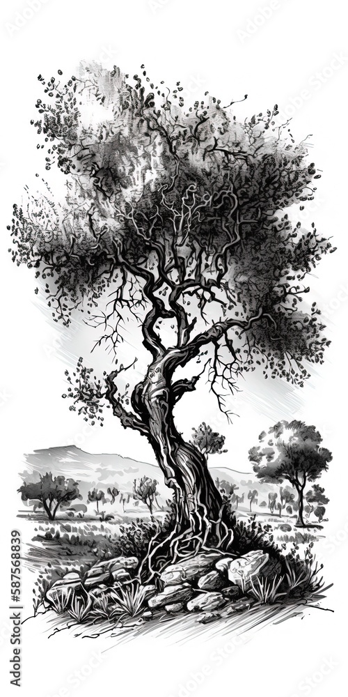 Poster the olive tree is rather large. sketched in black and white ink generative ai
