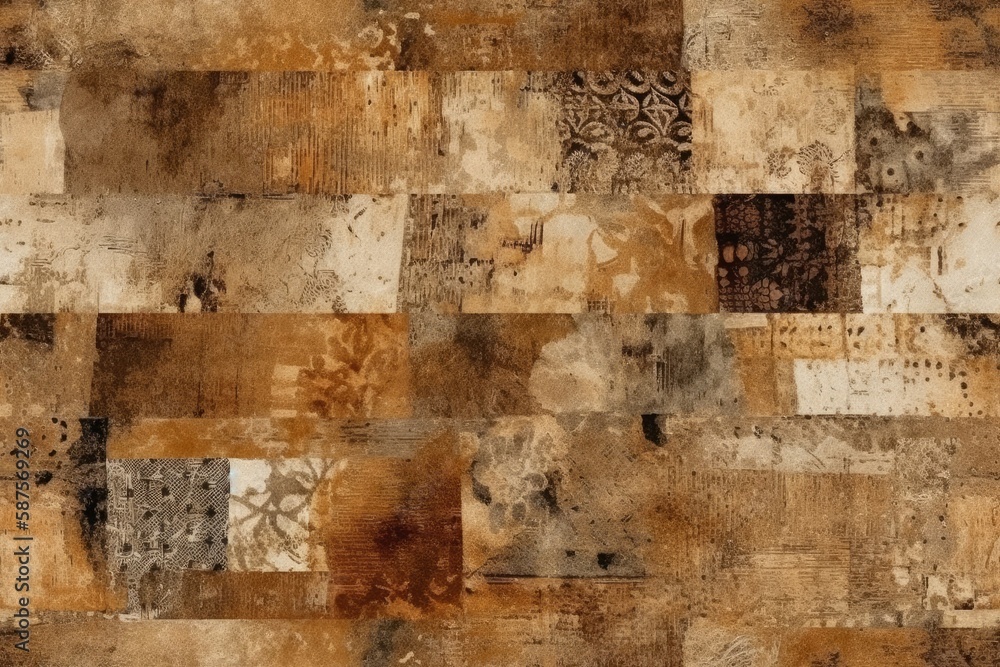 Poster colorful patchwork area rug with various patterns and textures. generative ai