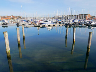 Boats in the old town of Weymouth Harbour and Weymouth Marina in Dorset, England, UK
