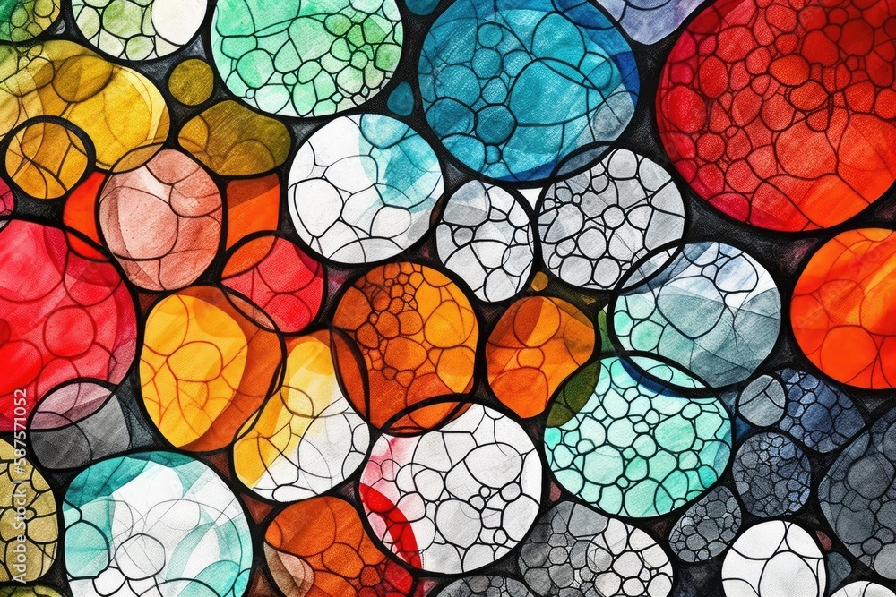 Poster colorful abstract painting with various sized circles. generative ai