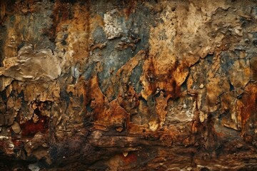 close-up view of a worn and weathered rock wall with peeling paint. Generative AI