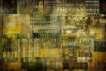 abstract painting featuring squares in shades of yellow and green. Generative AI