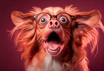 Shocked cute dog in glasses with open mouth, concept of Surprised and Amazed