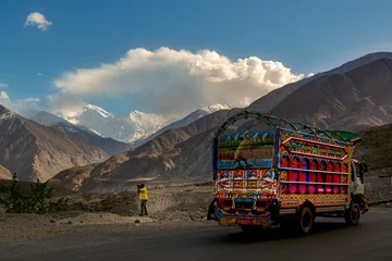 Papier Peint photo autocollant Nanga Parbat truck on the mountain road , beautiful decorated Turks on the Karakorum highway  in gilgit baltistan , truck art in Pakistan 