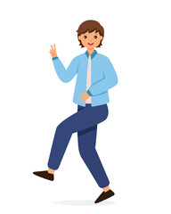 Smiling Man Making Positive Hand Gesture Posing v sign