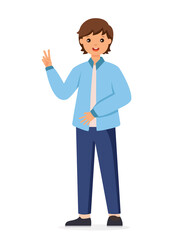 Smiling Man Making Positive Hand Gesture Posing v sign