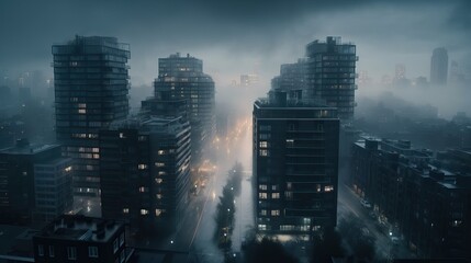financial district with high rise buildings on a foggy night, generative ai