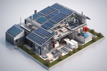 infographic of a sustainable house aerial view with exposed walls and solar panel on the roof, generative ai