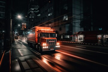Modern futuristic truck driving through an urban motorway, generative ai