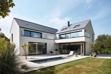 Fototapeta na wymiar Modern impressive villa with swimming pool and garden, generative ai