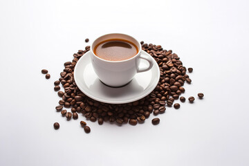 a cup of coffee with coffee beans around a saucer isolated on white background. Created with Generative AI Technology
