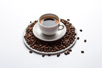 Fototapeta premium a cup of coffee with coffee beans around a saucer isolated on white background. Created with Generative AI Technology