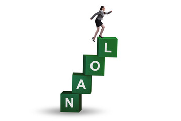 Debt and loan concept with businesswoman on cubes