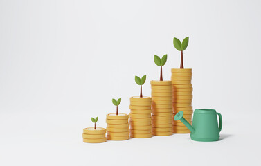 Business growth, finance and profit. Tree on a pile of developed coins growing on white background.