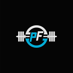 Initial letter PF logo for gym or fitness with dumbbell icon and circle line