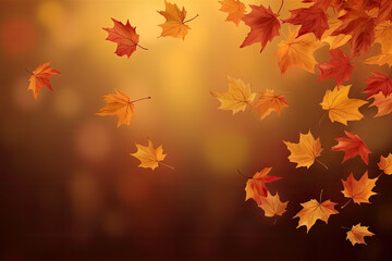 Naklejka na ściany i meble Flying fall maple leaves on autumn background. Falling leaves, seasonal banner with autumn foliage, generative AI