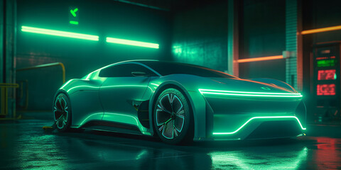 Eco-Friendly Future: Futuristic Electric Car at Night Green Charging Station. Generative AI