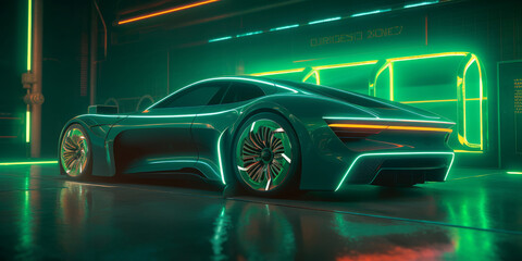 Obraz premium Eco-Friendly Future: Futuristic Electric Car at Night Green Charging Station. Generative AI
