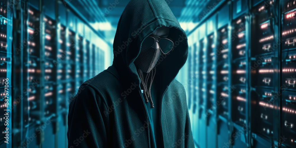 Poster hacker in dark web wearing a mask and a hood strikes inside of data center. generative ai