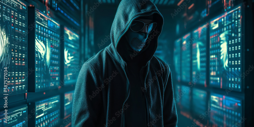 Poster hacker in dark web wearing a mask and a hood strikes inside of data center. generative ai