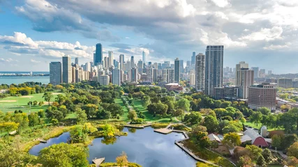 Zelfklevend Fotobehang Chicago skyline aerial drone view from above, city of Chicago downtown skyscrapers cityscape bird's view from park, Illinois, USA  © Iuliia Sokolovska
