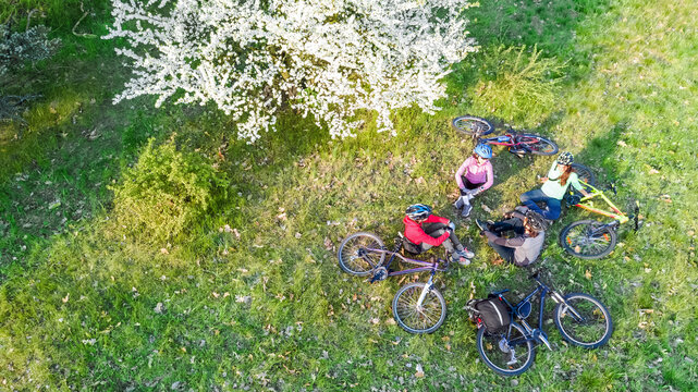 Spring family cycling on bikes aerial drone view from above, happy active parents with children have fun and relax on grass under spring blossoming tree in park, family sport and fitness on weekend
