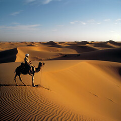 A Tuareq on a camel in the vastness of the desert.