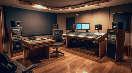 A fully equipped recording studio with a giant soundboard, audio hardware, speakers, monitors, and acoustically treated for optimal sound quality, generative ai